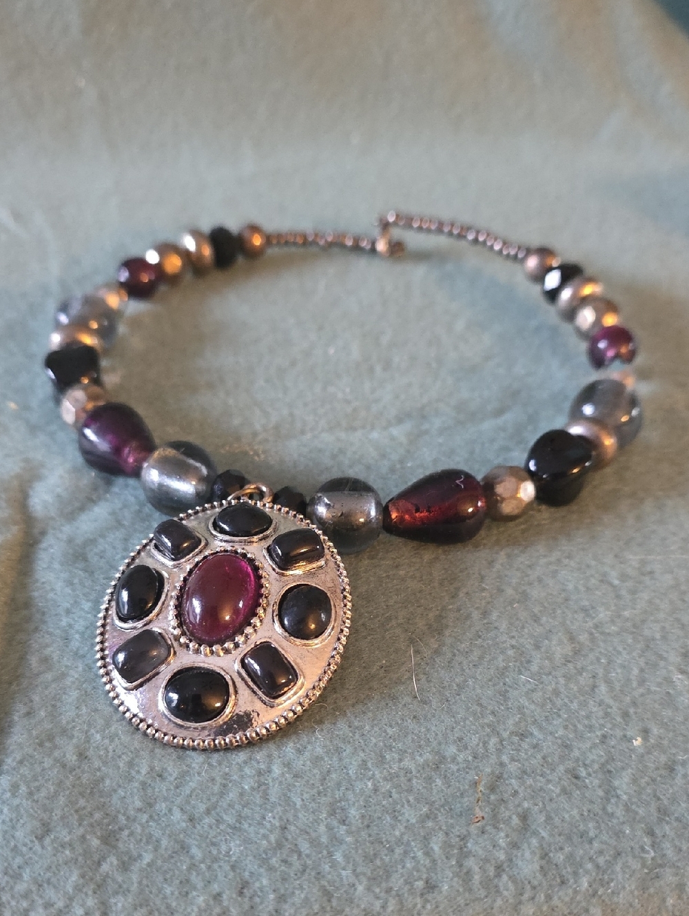 Silver-Tone Purple & Black Beaded Pendant Necklace